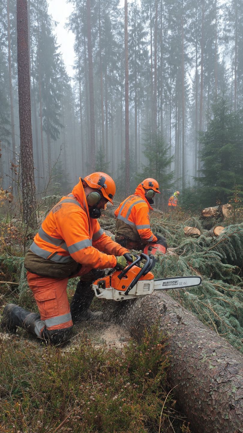 Ekipa drwali w odblaskowych ubraniach ochronnych podczas wycinki