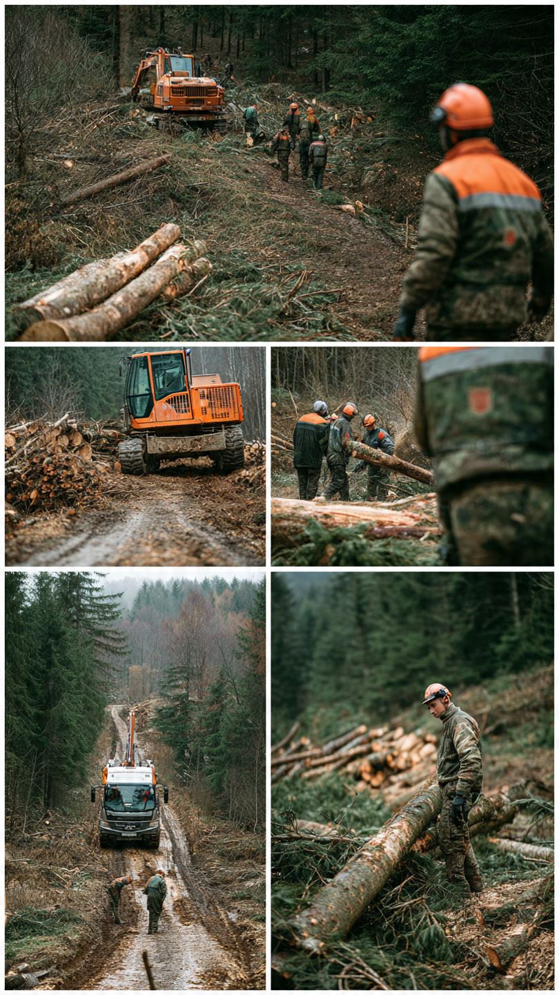 Ekipa wycinająca drzewa w polskim lesie — drwale z piłami łańcuchowymi