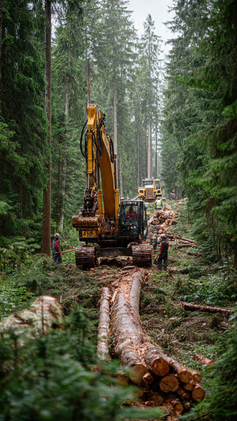 Profesjonalna ekipa wycinająca drzewa w gęstym lesie