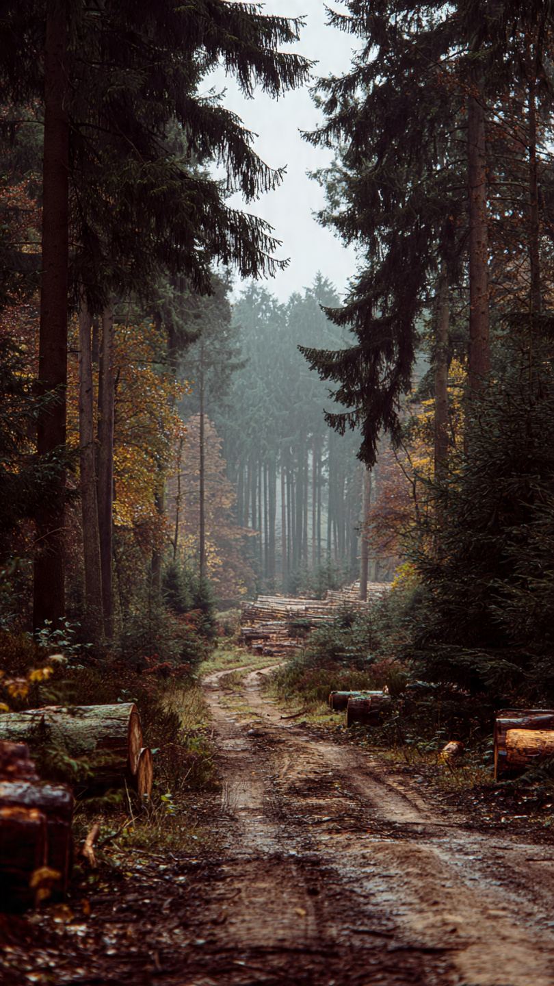 Las w Polsce - drzewa czekające na wycinkę przy ścieżce leśnej