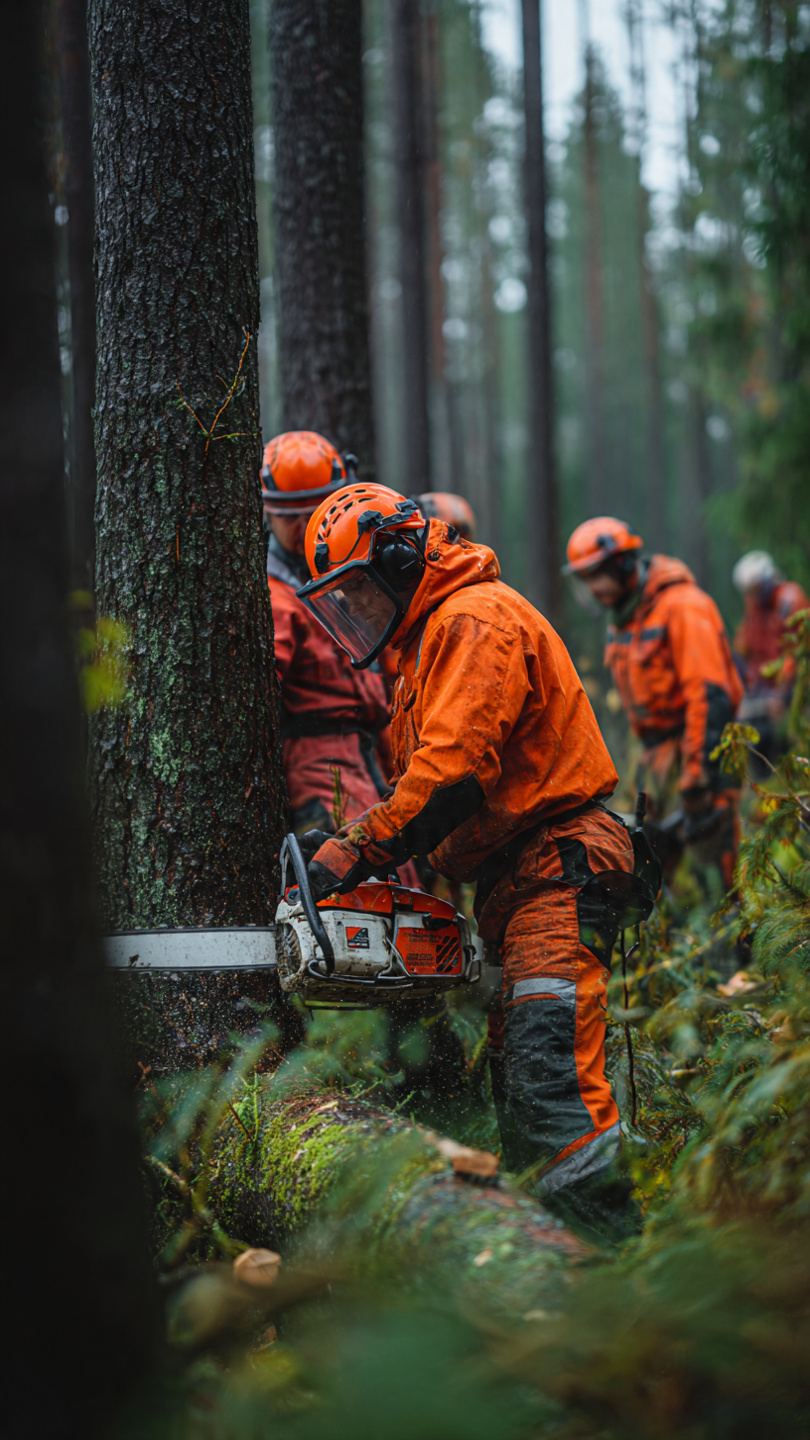 Ekipa leśników w pełnej odzieży ochronnej z piłami łańcuchowymi przy wycince drzew