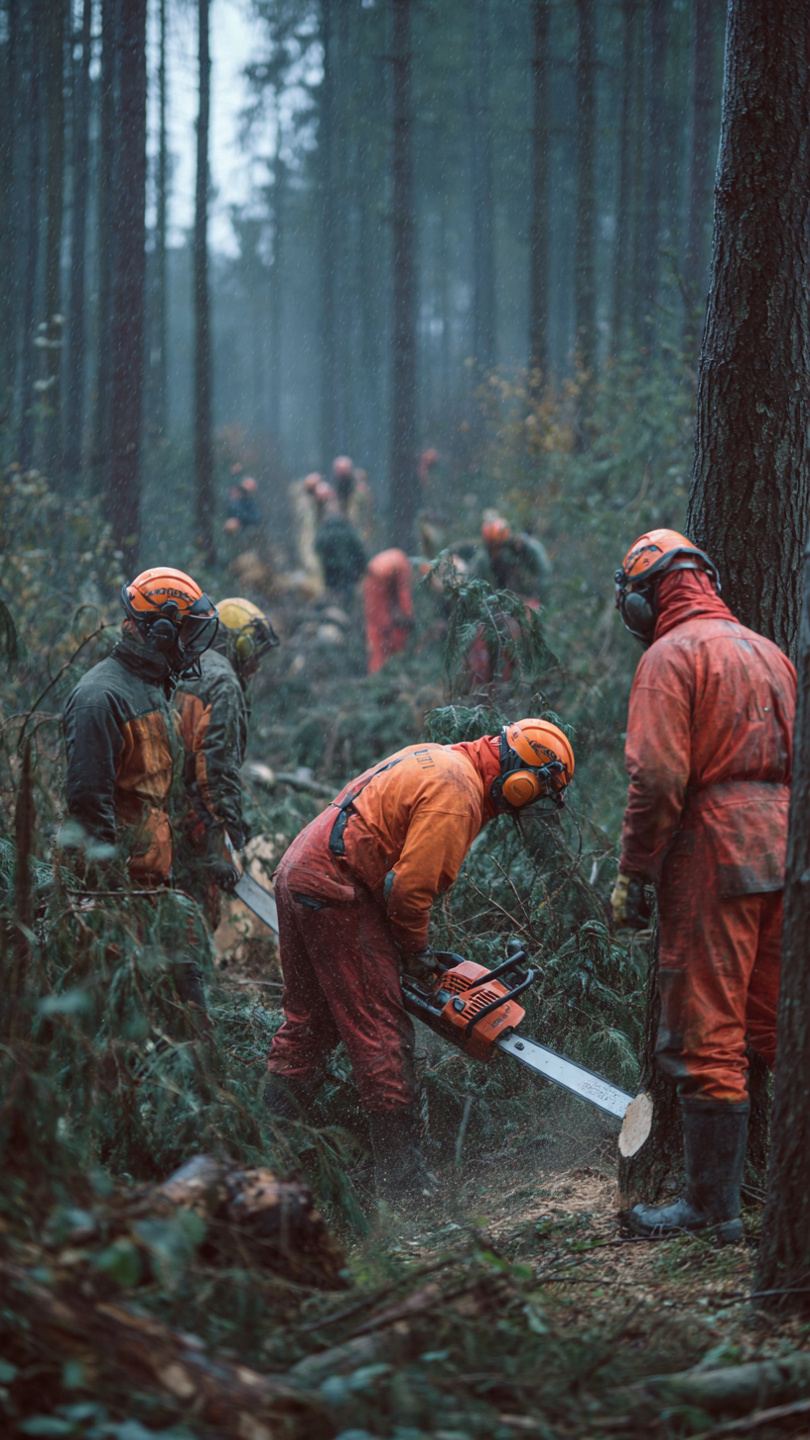 Leśnicy używający pił łańcuchowych w odzieży ochronnej podczas pracy w polskim lesie