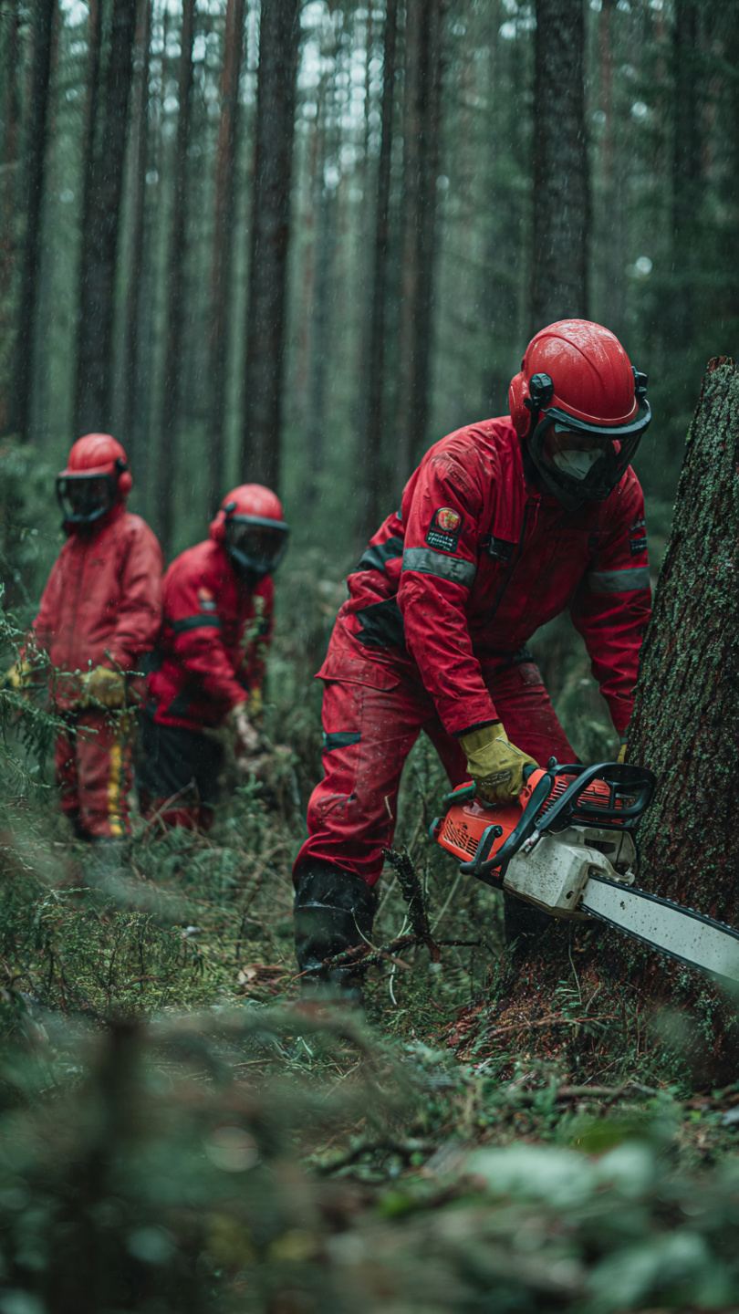 Profesjonalni drwale w odzieży antyprzecięciowej z piłami łańcuchowymi przy pniu drzewa
