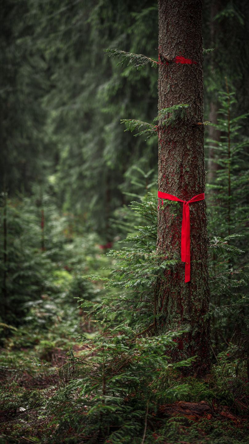 Drzewo z czerwoną opaską wskazującą na przeznaczenie do wycinki