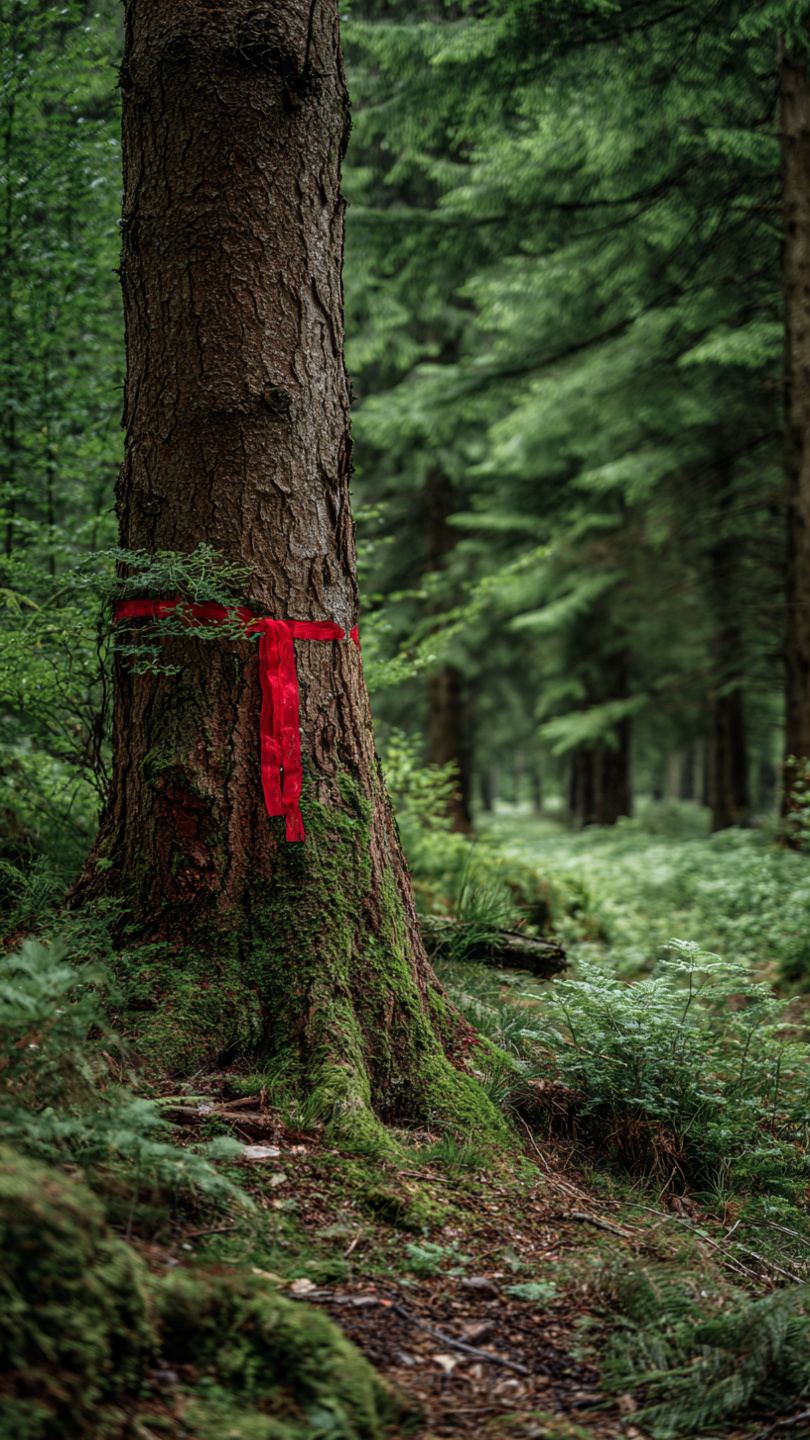 Drzewo oznaczone czerwoną taśmą do usunięcia w polskim lesie