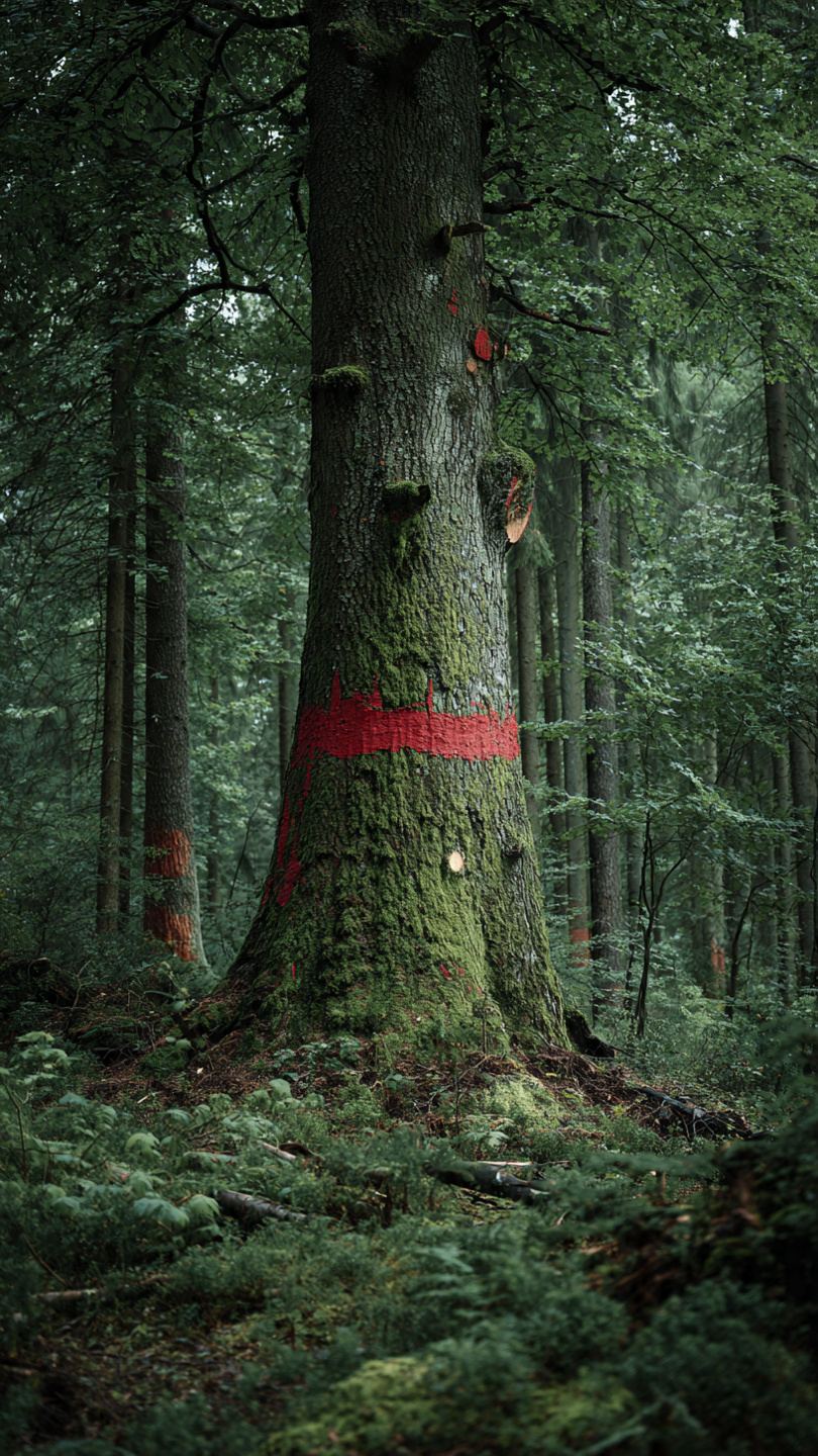 Duże drzewo w lesie z widocznym oznaczeniem do wycinki