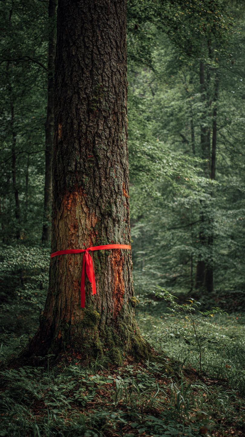 Drzewo z czerwoną opaską oznaczone do wycinki w lesie