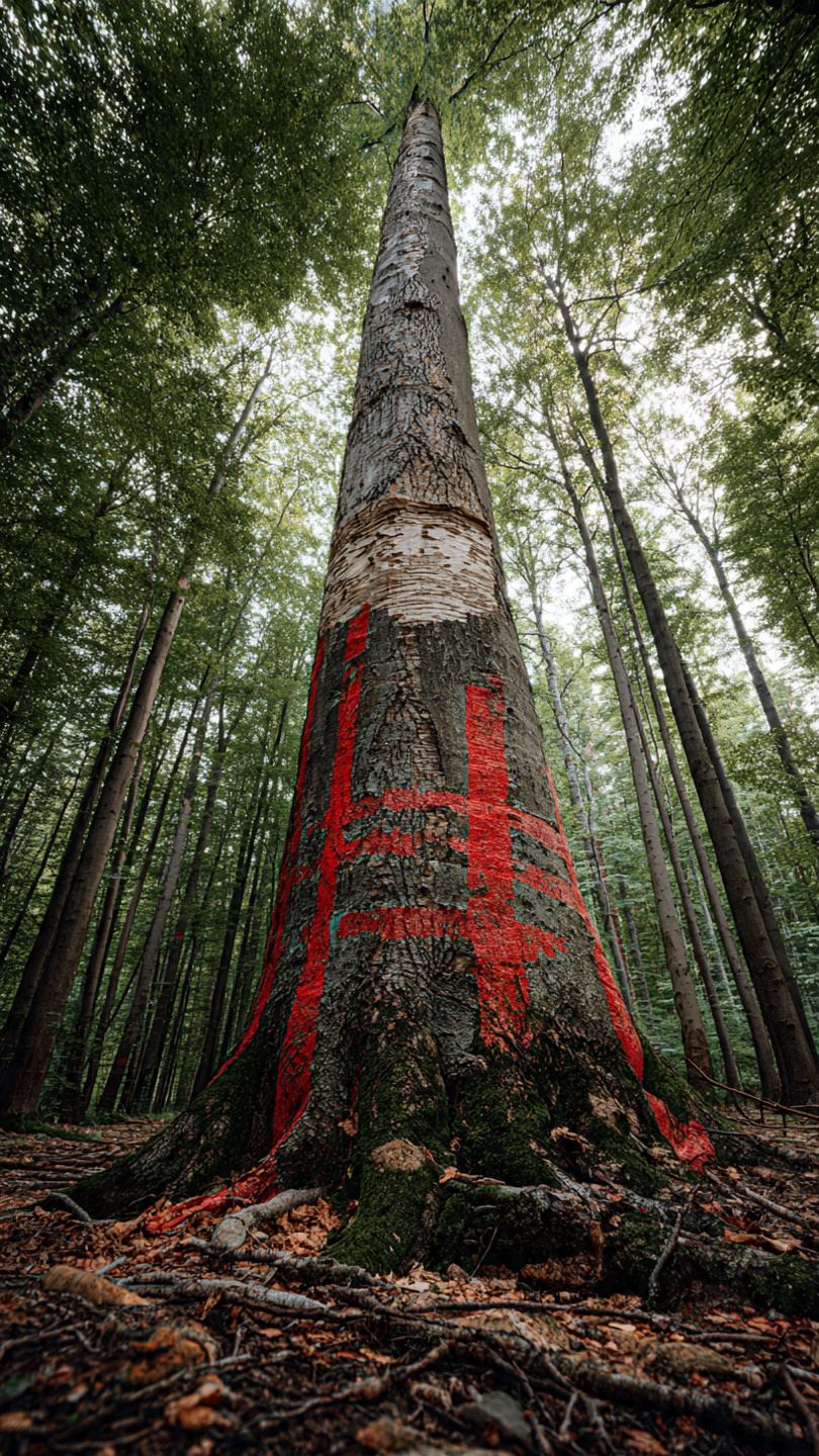 Duże drzewo w lesie oznaczone do wycinki