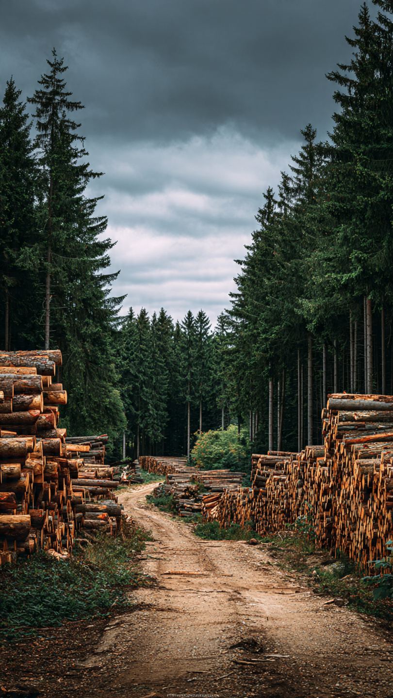 Polski krajobraz leśny po wycince z widocznymi stosami drewna i pniakami
