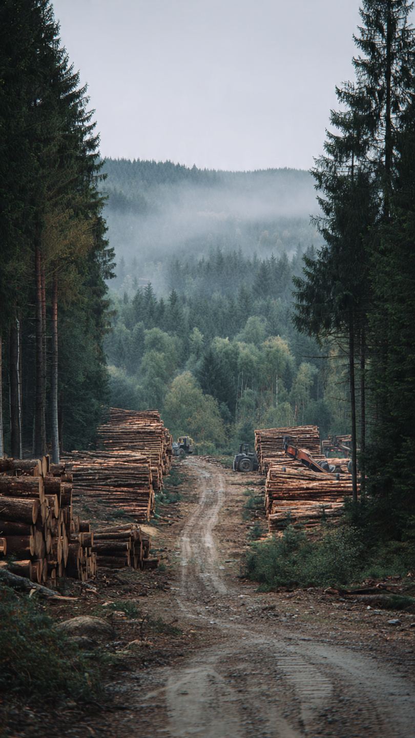 Leśna polana z pniakami i resztkami po wycince drzew w polskim lesie