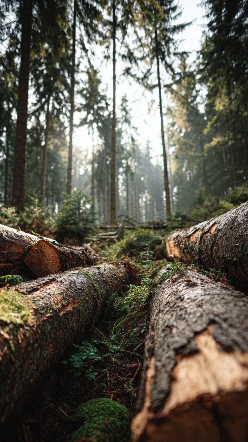 Świeżo ścięte drzewa leżące na leśnym gruncie — drewno po wycince gotowe do wywozu