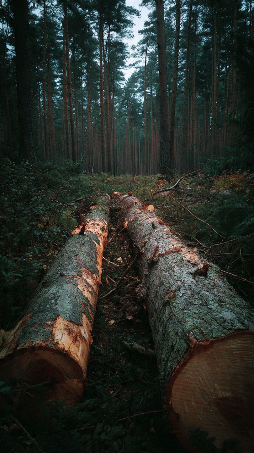 Ścięte drzewa leżące w polskim lesie po wycince