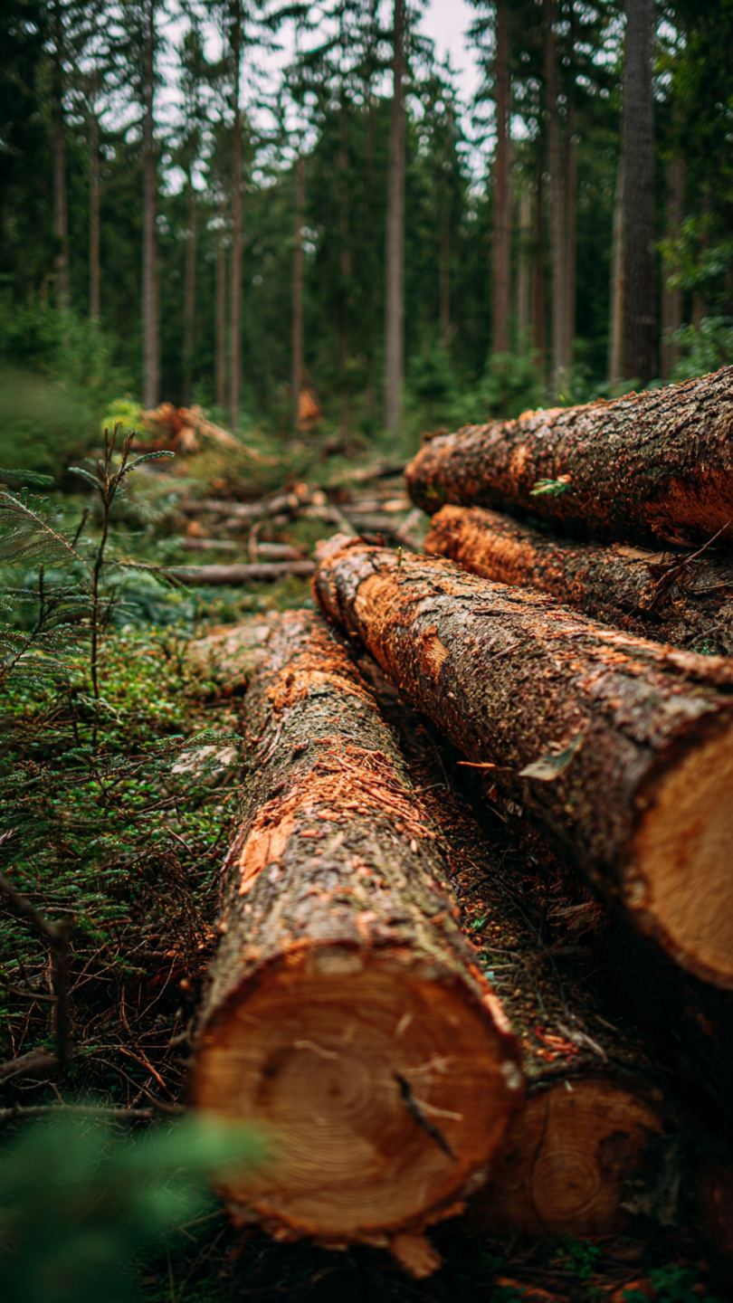 Leśny krajobraz po przeprowadzonej wycince — pniaki i stosy drewna