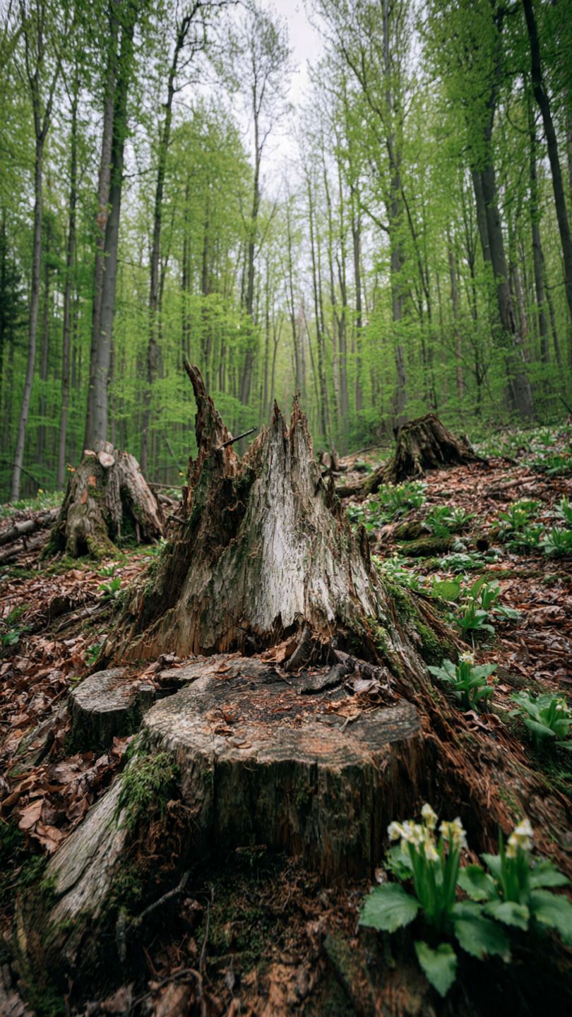 Rozległa polana leśna po wycince z pniakami i odradzającą się roślinnością
