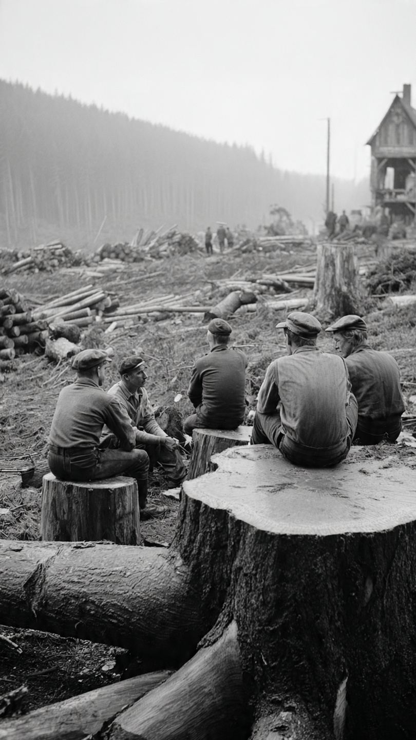 Grupa drwali odpoczywająca po wycince drzew w tle wycięty las