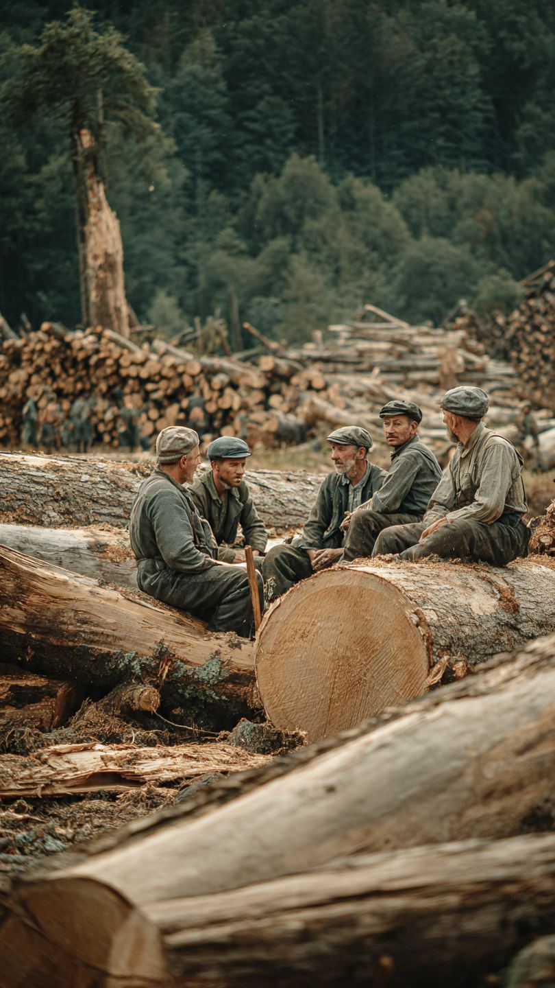 Drwale odpoczywający po intensywnej pracy przy wycince drzew w polskim lesie