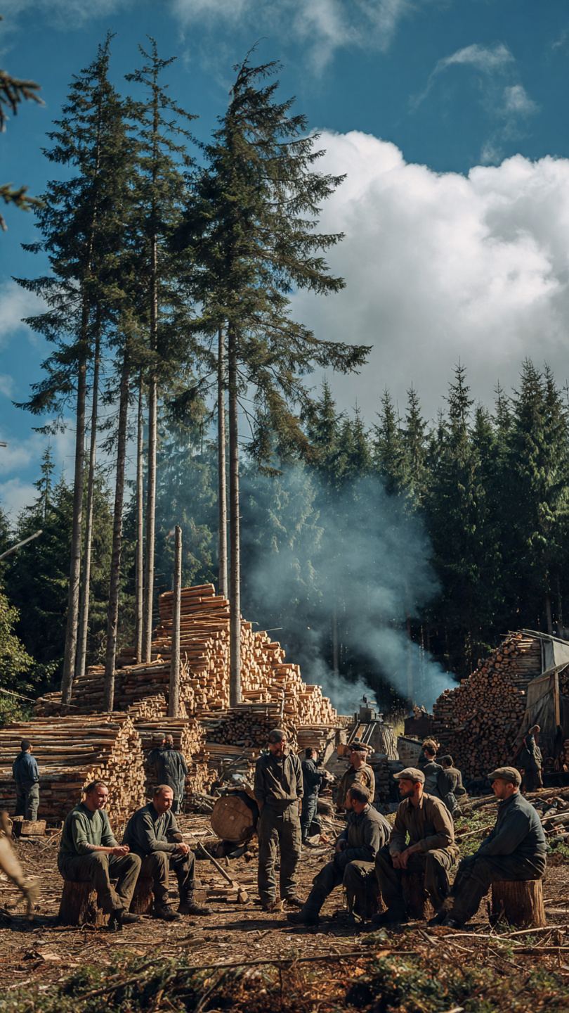 Ekipa arborystów odpoczywająca po wycince drzew przy stosach drewna
