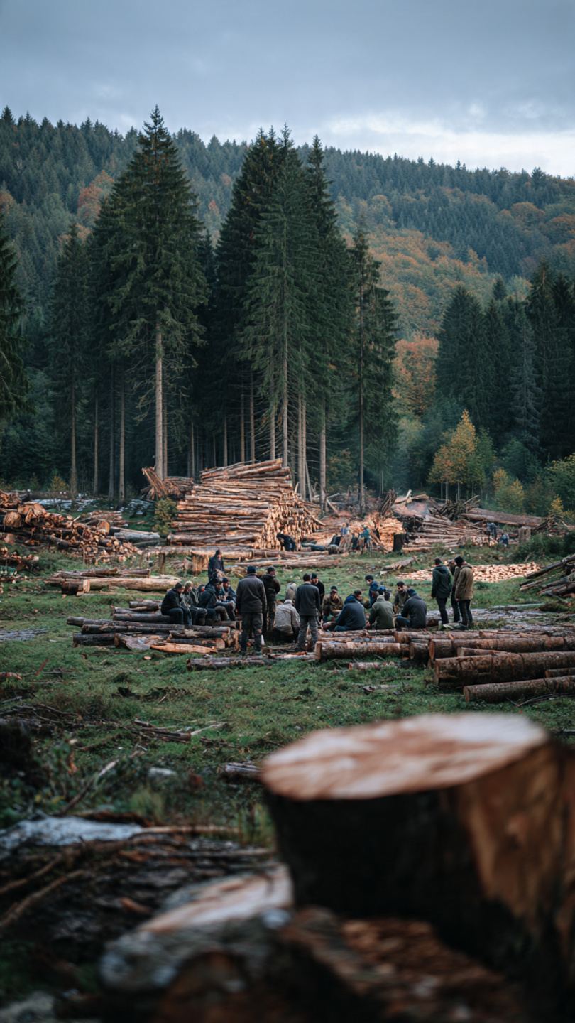 Drwale podczas przerwy po wycince drzew w lesie
