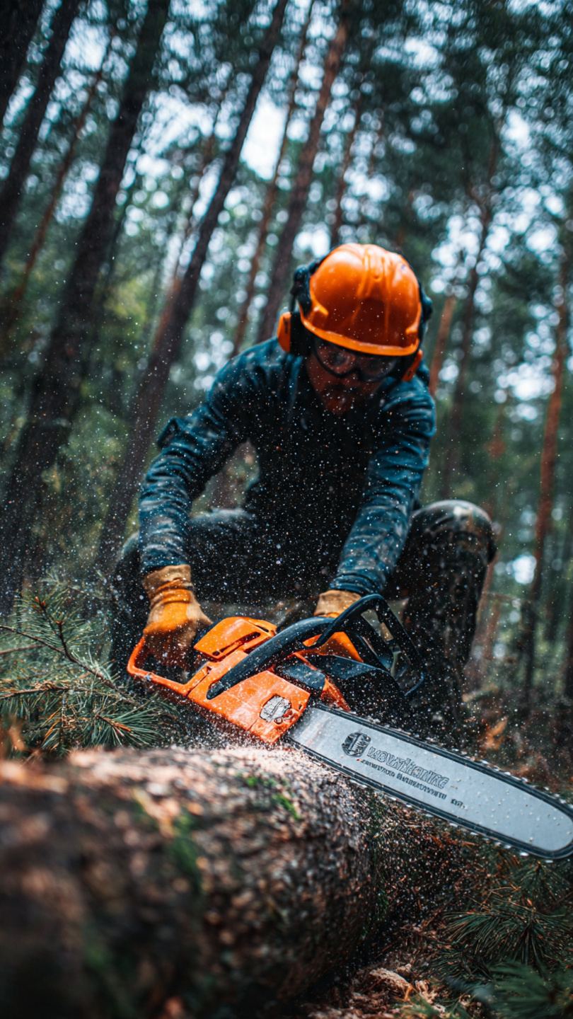 Robotnik leśny w kasku i okularach ochronnych przy pracy