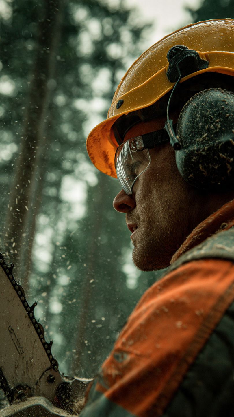 Pracownik leśny z pilarką - profesjonalny strój ochronny i kask