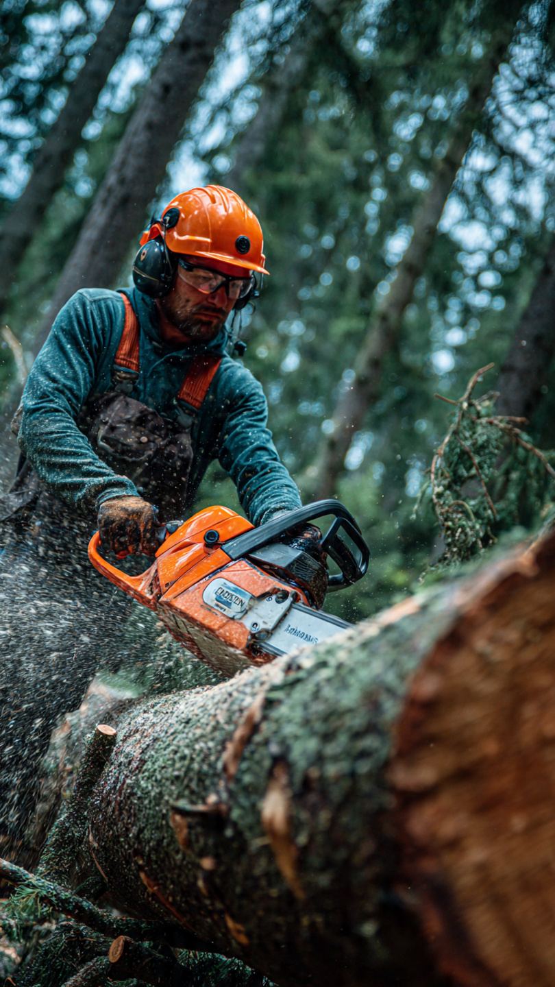 Robotnik leśny przy pracy - wycinka drzew z użyciem piły łańcuchowej