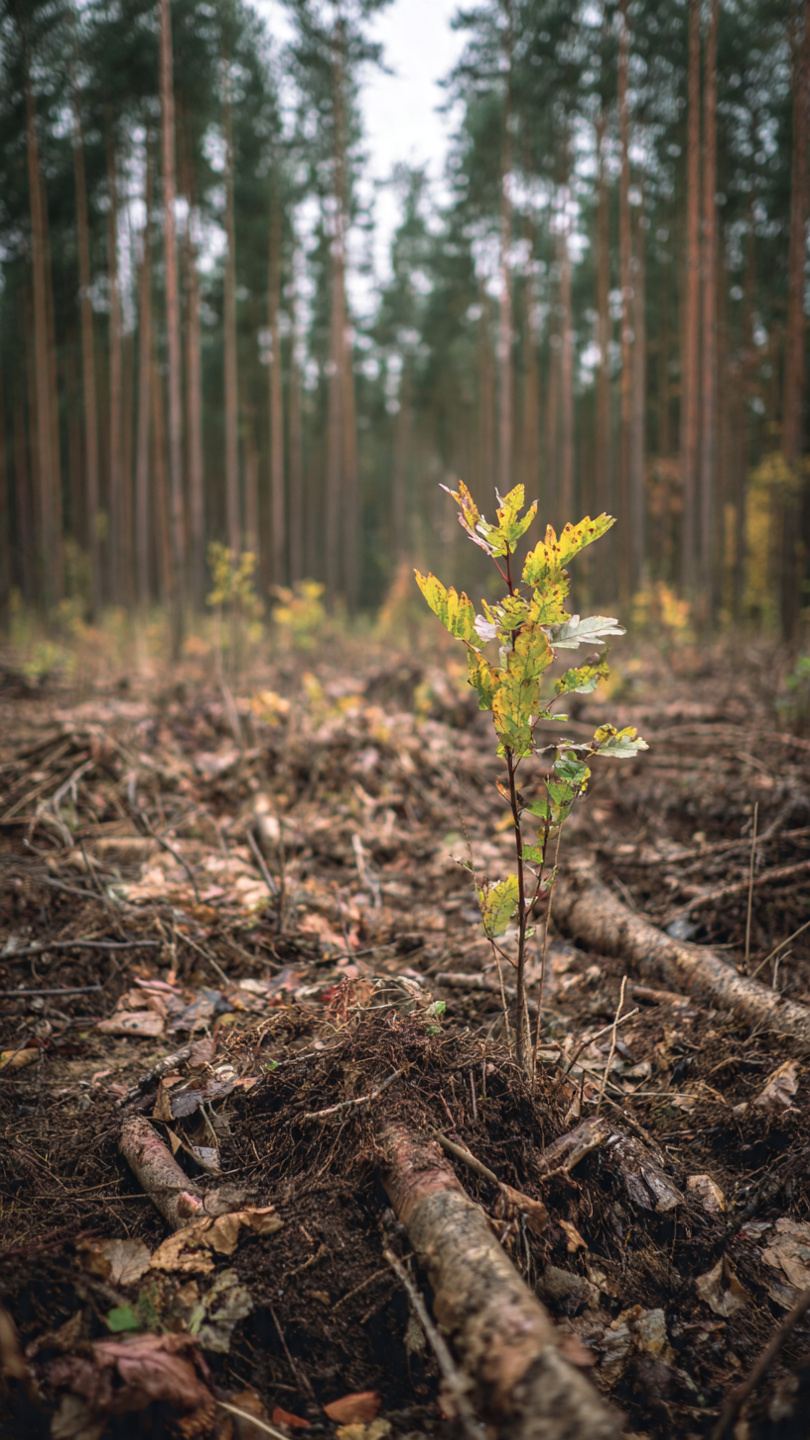 Nowe sadzonki drzew posadzone w miejscu wyciętego lasu