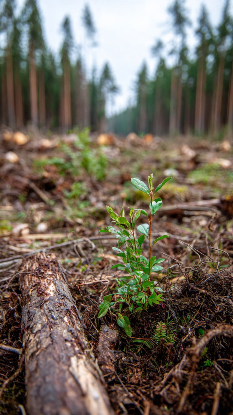 Rzędy młodych sadzonek drzew na odnowionym terenie leśnym