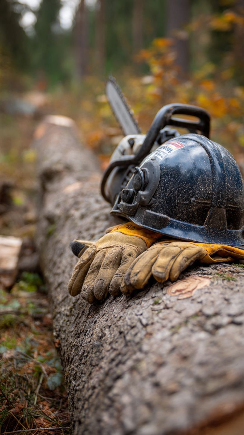 Zbliżenie na sprzęt do wycinki drzew — piła łańcuchowa i akcesoria