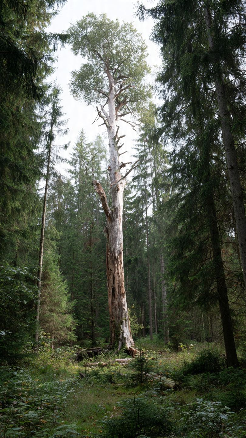 Pojedyncze majestatyczne stare drzewo z widocznymi objawami chorób