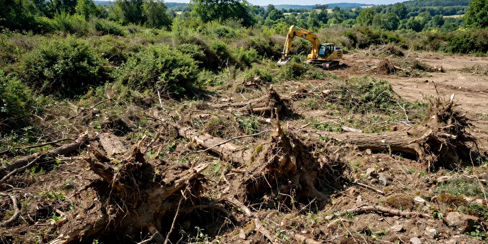 Karczowanie terenu Łódź — koparka usuwająca karpy i korzenie z działki