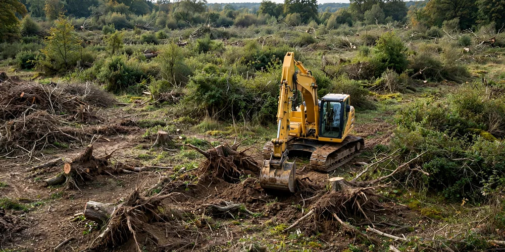 Karczowanie terenu Rzgów — koparka usuwająca karpy i korzenie z działki
