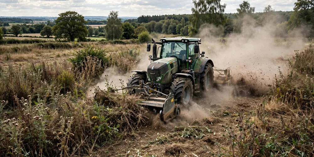 Mulczowanie terenu Łódź — mulczer rozdrabniający zarośla na nieużytku