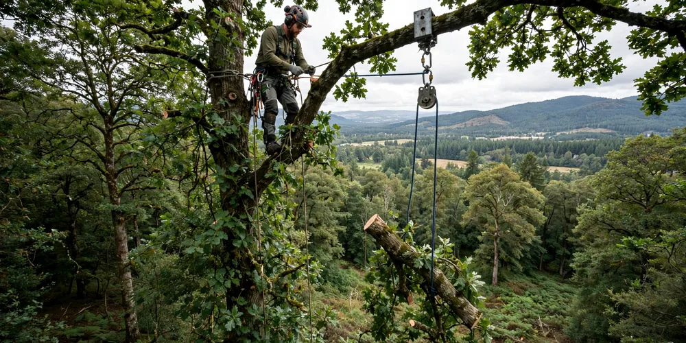 Wycinka alpinistyczna Aleksandrów Łódzki — arborysta pracujący na linach w koronie