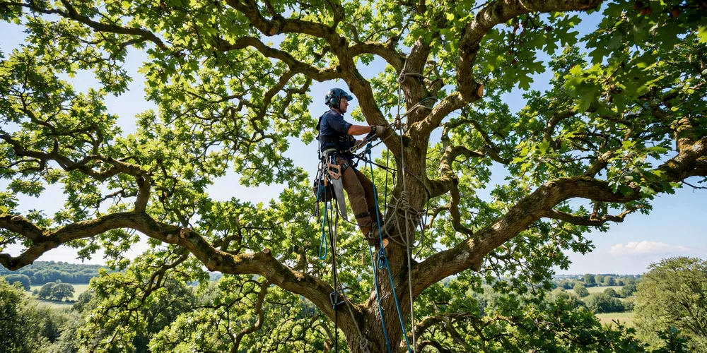 Wycinka alpinistyczna Bełchatów — arborysta pracujący na linach w koronie