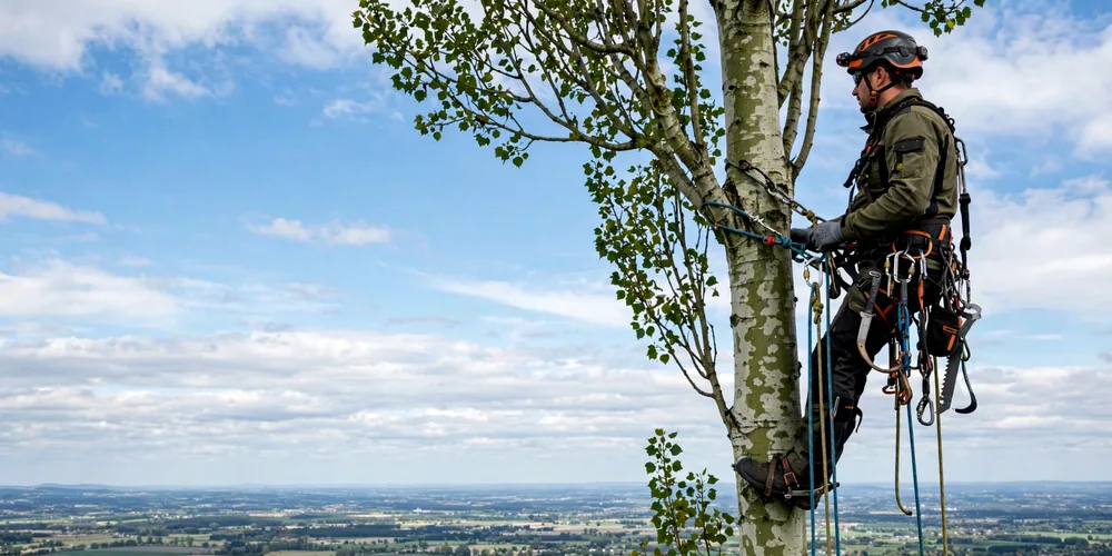 Wycinka alpinistyczna Kutno — arborysta pracujący na linach w koronie