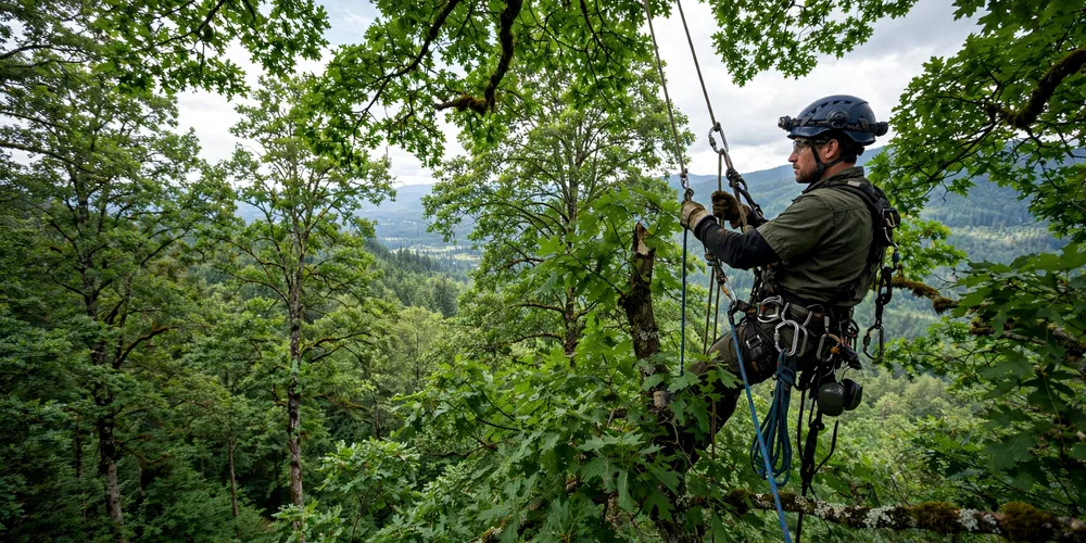 Wycinka alpinistyczna Łask — arborysta pracujący na linach w koronie