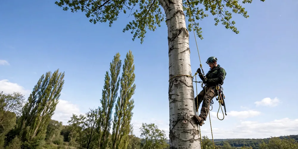 Wycinka alpinistyczna Łódź — arborysta pracujący na linach w koronie
