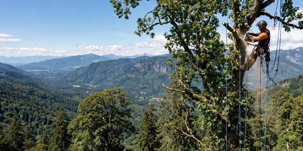 Wycinka alpinistyczna Ozorków — arborysta pracujący na linach w koronie