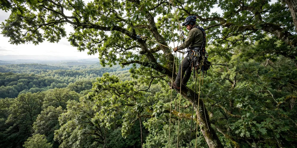 Wycinka alpinistyczna Tomaszów Mazowiecki — arborysta pracujący na linach w koronie