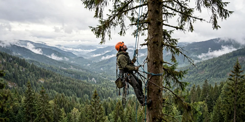 Wycinka alpinistyczna Wieluń — arborysta pracujący na linach w koronie
