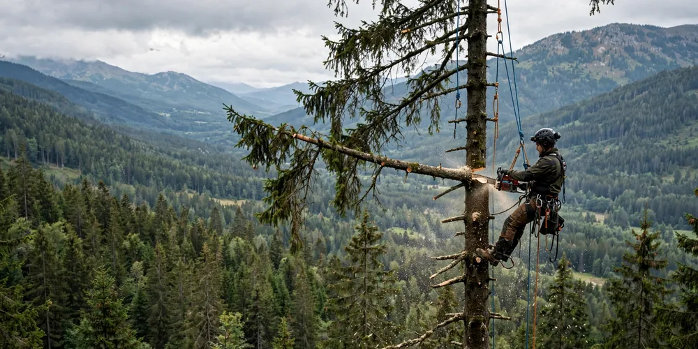 Wycinka alpinistyczna Zduńska Wola — arborysta pracujący na linach w koronie