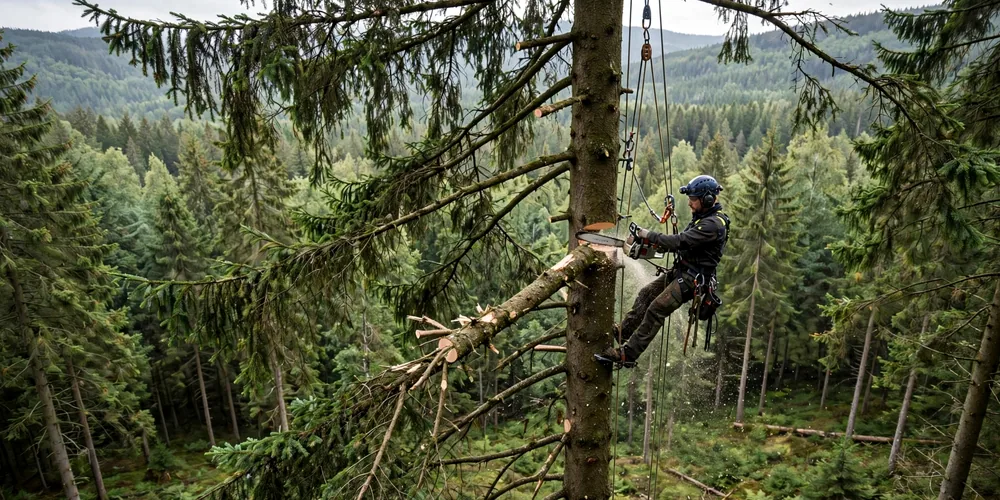 Wycinka alpinistyczna Zgierz — arborysta pracujący na linach w koronie