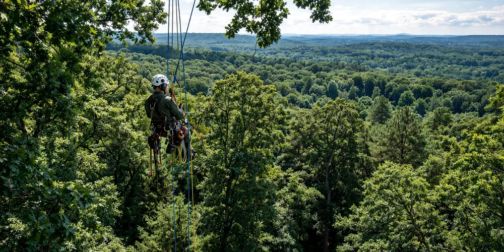 Wycinka alpinistyczna Łęczyca — arborysta pracujący na linach w koronie