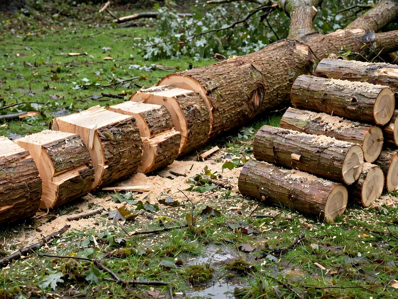 Cięcie powalonego pnia na sekcje po nawałnicy — Poddębice